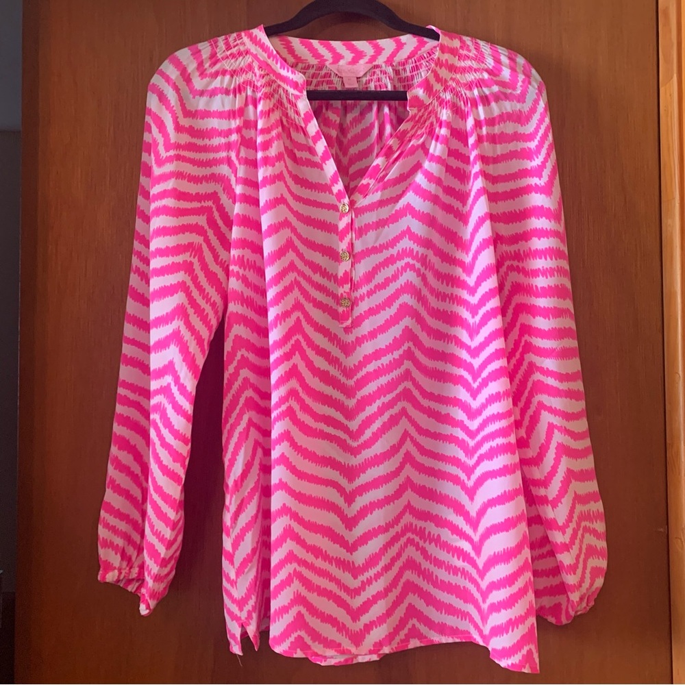 Lily Pulitzer Medium Pink 100% Silk Chevron/Zigzag Women's Long Sleeve Top